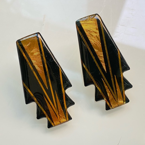 John Crutchfield Jewelry - 90's Vintage John Crutchfield Geometric Metallic Art Graphic Black&Gold Earrings